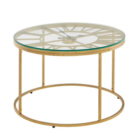 Rootz Gold Coffee Table with Decorative Clock - Glass & Metal - Modern Design - Small Round Table - 60x60x43 cm