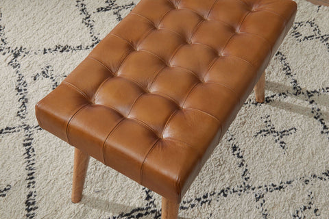 Rootz Stool - Real Leather Chesterfield Design - Brown Leather Stool - Country Footstool, No Backrest - Mango Solid Wood - 67x47x39cm