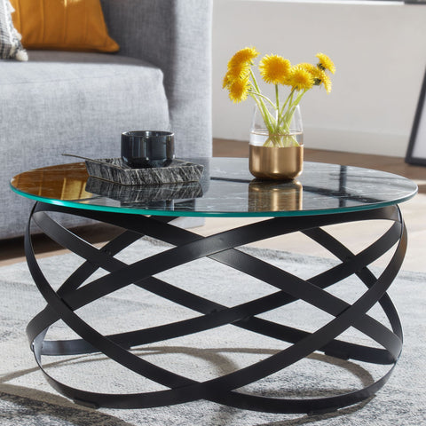 Rootz Couchtisch aus Glas – Runder Marmor-Look in Schwarz – Metallrahmen – Moderner kleiner Beistelltisch – 60 x 60 x 30 cm