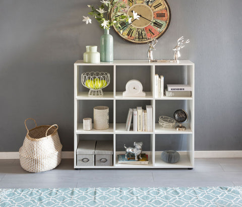 Rootz Bookcase - White - Modern Freestanding Wooden Shelf with 9 Compartments - Divider Cube Shelf for Open Storage - 108 x 104 x 29 cm