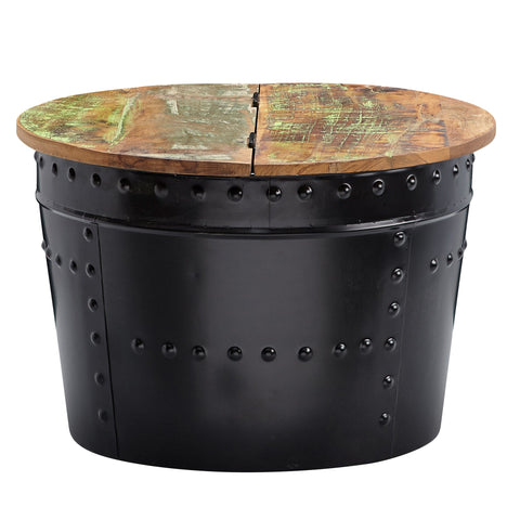 Rootz Industrieller runder Couchtisch – Mangoholz und Metall – Schwarz – Design-Wohnzimmertisch mit Stauraum – Moderner Loungetisch – 60 x 40 x 60 cm