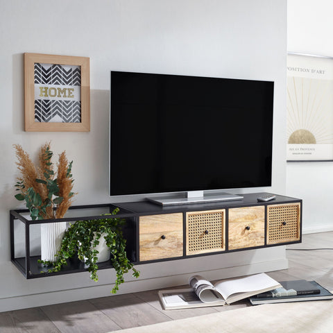 Rootz TV-meubel - Hangend Lowboard - Modern Design TV-meubel - Wandgemonteerd TV-meubel - Hangend TV-dressoir - Zwart - Mango Massief Hout en Metaal - 150x25x35 cm 