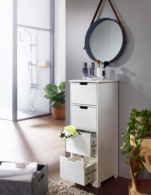 Rootz Bathroom Cabinet - Country Style - MDF Wood - White - Small Cabinet with 4 Drawers - Multi-purpose Side Cabinet - 30x83x30cm