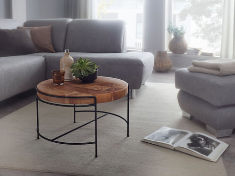 Rootz Couchtisch – Runder Wohnzimmertisch mit Metallbeinen – Kleiner Designer-Industrietisch – Akazien-Massivholz – Metall – 62 x 40 x 62 cm
