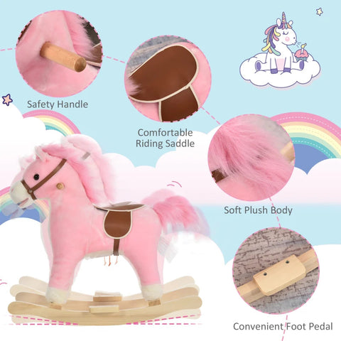 Rootz Children Rocking Horse - Pink - Plush, Wood, Steel - 25.59 cm x 12.79 cm x 24.01 cm