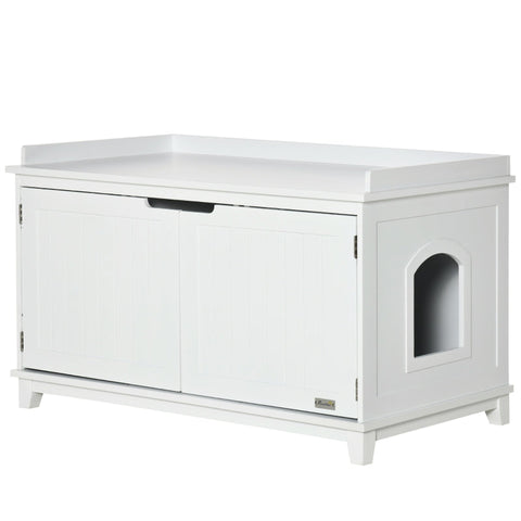 Rootz Litter Box - Cat Cabinet - Litter Box Cat House - Chest Of Drawers Cat Cave - With Partition Cabinet - MDF - White - 95.4 x 54 x 57.5 cm
