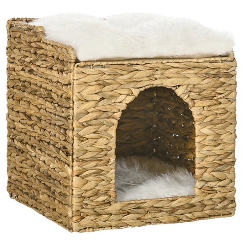 Rootz Water Hyacinth Grass Cat Cave - Cat Bed - 2 Lying Areas - 2 Washable Cushions - Natural + White - 37.5L x 37.5W x 41.5H cm