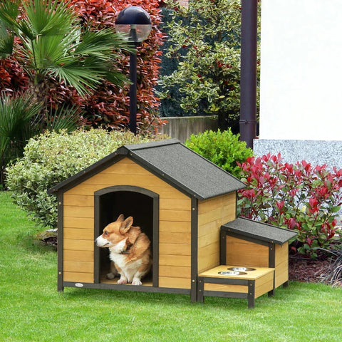 Rootz hondenkennel - houten hondenhok - hondenhok - knaagdierhuis - met 2 hondenbakken - weerbestendige hut - dennenhout - natuurlijk hout - 130 x 93 x 92 cm
