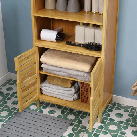 Rootz Bathroom Cabinet - Bathroom Shelf - Bamboo Bathroom Cabinet - With Louvered Doors - 2 Shelves 1 Cupboard - Bamboo - Natural Wood - 50cm x 29cm x 92cm