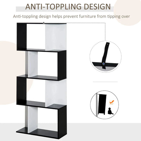 Rootz Bookshelf - S-Shaped Bookshelf - 4 Tiers Bookshelf - Bookcase - Shelf - Black/White