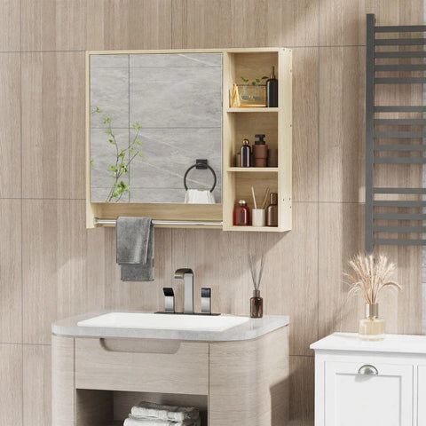 Rootz Badkamermeubel - Spiegelkast - Hangkast - Wandkast - Badkamermeubel - Multifunctionele Kast - Met Open Compartimenten - Badkamer Spaanplaat - Naturel - 80 x 15 x 70 cm