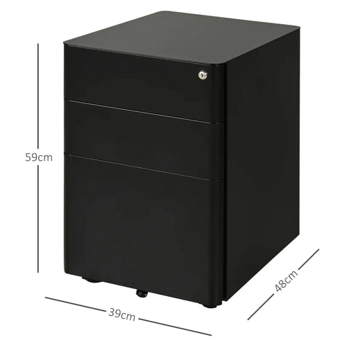 Rootz File Cabinet - Rolling Container - Office Container - 3 Drawers - Steel Metal - Home - Office - Black