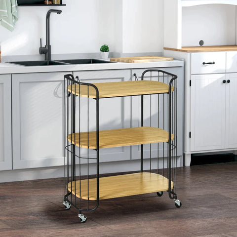 Rootz Industrial Design Kitchen Trolley - with 3 Shelves - Multi-Purpose Trolley - Serving Trolley - 4 Wheels - Chipboard - Brown + Black - 79L x 39W x 95H cm