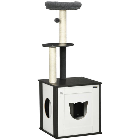 Rootz Scratching Post - Cat House - Litter Box - With Lying Cushion - 2 Platforms - Toy Ball - Dark Grey - 49 x 46 x 131.5cm