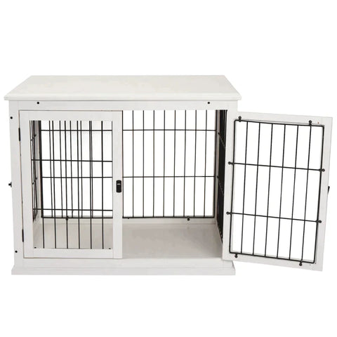 Rootz Dog Cage - Dog Carrier - Pet Cage - Locking 3-Doors - MDF Wood - White - 58.5cm x 81cm x 66cm