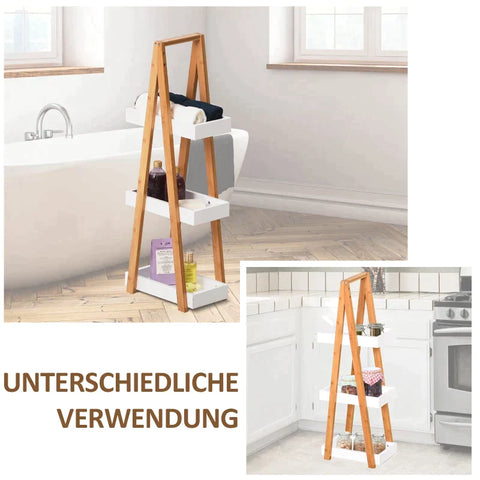 Rootz Bathroom Shelf - Bath Shelf - 3 Tier Stair Shelf - Ladder Shelf - Shelf - Bamboo - White - 30 x 18 x 81 cm
