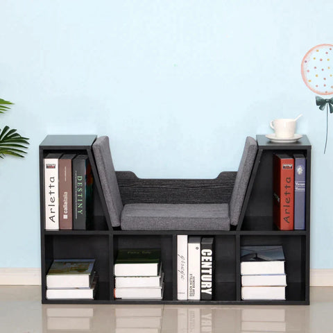 Rootz Bookshelf - Bookshelf With Stool Bench - Bookcase Storage Shelf With Cushioned Reading Seat - Bedroom - Living Room - Black/Grey - 102 × 30 × 61 cm