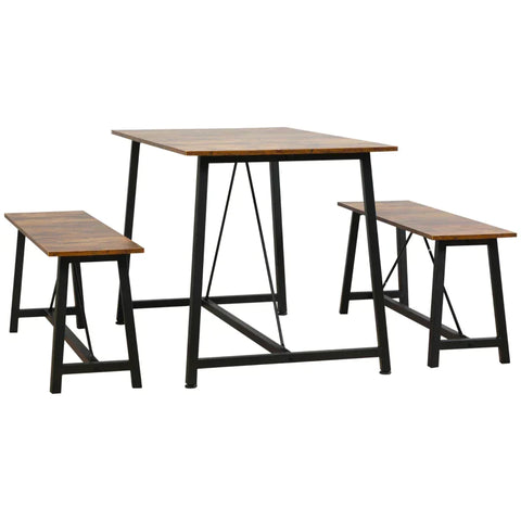 Rootz Esstisch-Set – Sitzgruppe im Industriedesign – 1 Tisch und 2 Bänke – Spanplatte/Stahl – Braun/Schwarz – 120 cm x 80 cm x 75 cm