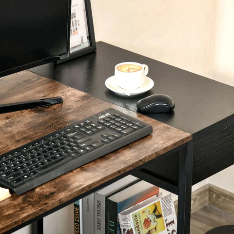 Rootz Desk - Desk With Bookcase - Work Desk with Side Storage - Industrial-Style - Brown/Black - 120 cm x 60 cm x 75 cm