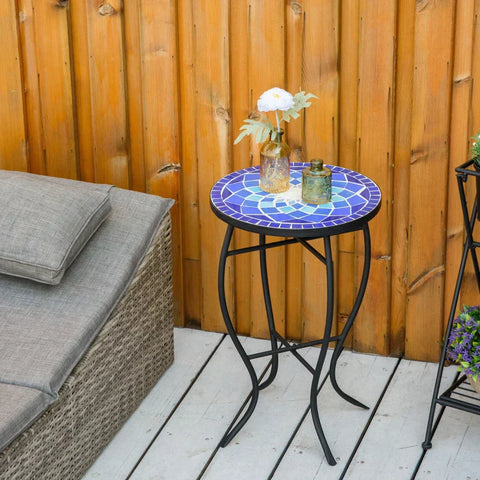 Rootz Garden Table - Side Table - Table - Metal Frame And Durable - Mosaic Design - Ceramic/Iron - Blue/White