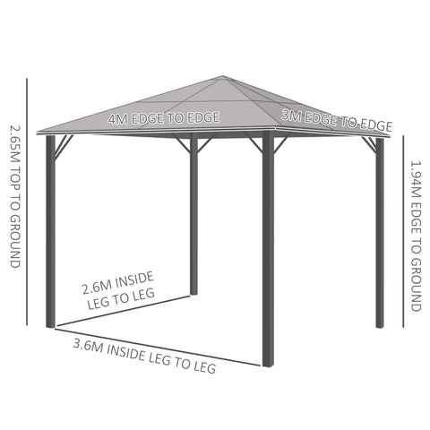 Rootz Gazebo - Garden Pavilion - Party Tent With Side Panels - PC Roof - Aluminum - Dark Grey - 300L x 400W x 265H cm