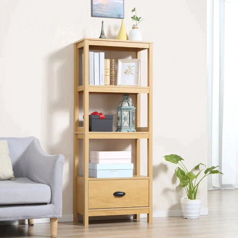 Rootz Storage Rack - Bookshelf  - Beach Shelf - 3 Tiers Shelf With Drawer - Oak - 60 cm x 30 cm x 150 cm