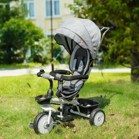 Rootz 2 In 1 Children's Tricycle - Jogger With Steering System - Rod Basket - Sun Canopy - Velvet Touch - Grey - 100 x 48 x 106 cm