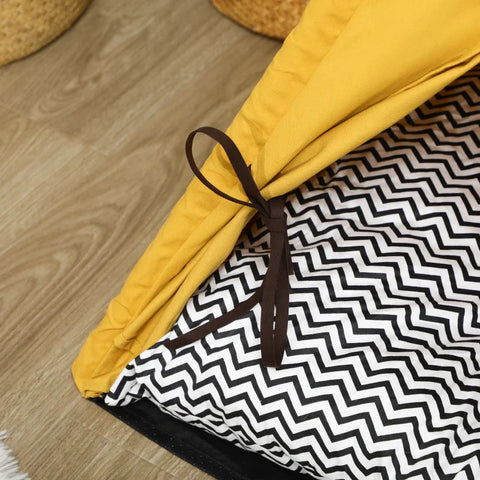 Rootz Pet Bed - Funny Teepee Design - with Soft Lounger Cushion - Floor Mat - for Dogs and Cats - Yellow - 60 x 60 x 76 cm