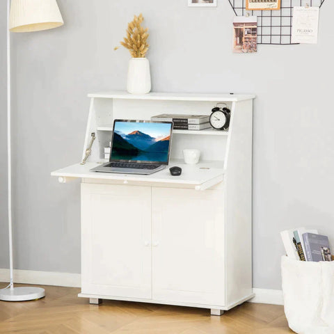 Rootz Bureau - Secretaresse Bureau - Ladekast - Schrijfkist Flap - Secretaresse Ruimtebesparend - Computertafel Met Kast -thuis - Kantoor - Wit - 82 x 38,5 x 107 cm