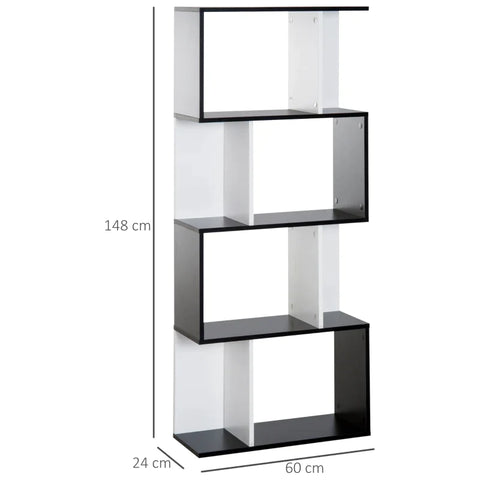 Rootz Bookshelf - S-Shaped Bookshelf - 4 Tiers Bookshelf - Bookcase - Shelf - Black/White