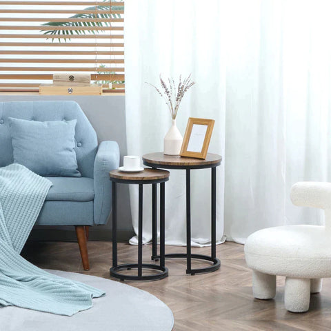 Rootz Set Of 2 Side Tables - Industrial Design - Stackable - Rustic Wood Grain - Metal Frame - Living Room - Brown + Black - 40 cm x 40 cm x 56 cm