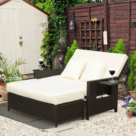 Rootz Poly Rattan Lounge Sofa - Garden Sofa - Sun Lounger - 2-seater - Cushion - Stool - Brown