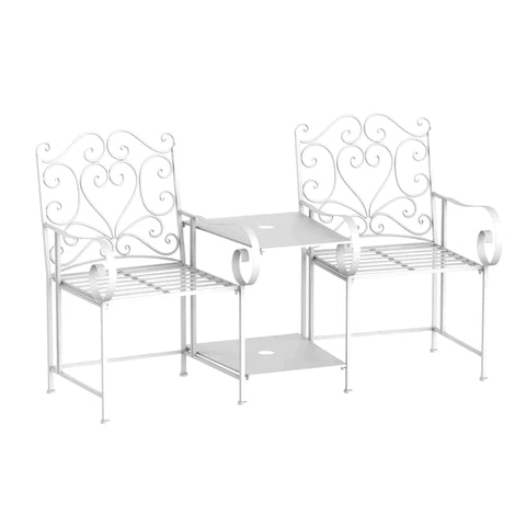 Rootz Metal Chair - Metal Bench With Table - Home - Balcony - Garden - White - 160L x 61W x 96H cm