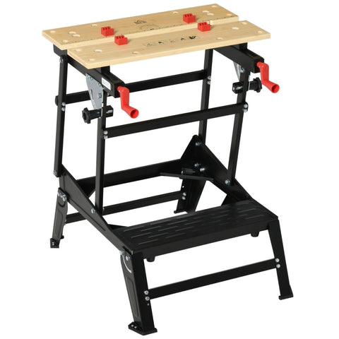 Rootz Workbench - Worktable - Portable Workbench - Height Adjustable - Metal - Bamboo - Natural Wood + Black + Red - 68 cm x 60 cm x 78 cm