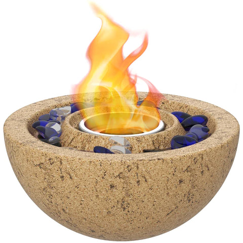 Rootz Ethanol Fireplace - Table Fireplace - Fire Glass - Concrete Bowl - 1.5-2 H Burning Time - 0.4 L Capacity - Up To 10 M² - Effective Area - Stainless Steel - Yellow -  Ø23 x 11H cm