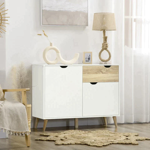 Rootz Storage Cabinet - Chest Of Drawers - Sideboard - 1 Drawer - 2 Cabinet Compartments With Shelves - White + Wood - 98.5 x 39 x 79.5 cm