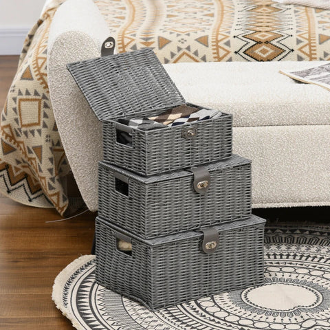Rootz Storage Baskets - Set Of 3 Storage Baskets - Made Of PE Rattan - With Closure - Carrying Handles - Grey - 35.5 cm x 28.5 cm x 18 cm