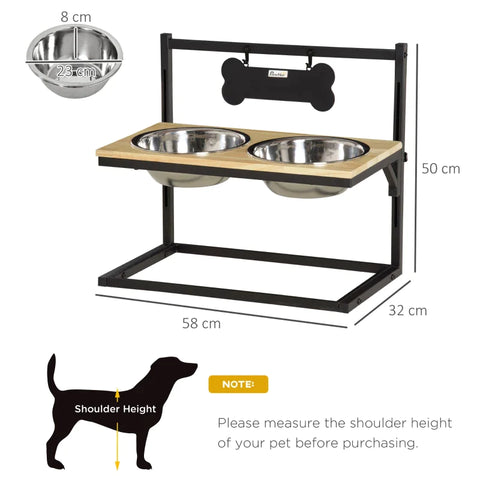 Rootz Raised Dog Bowl - Double Bowl Feeder with Steel Bowls - Pet Bowl - Height Adjustable - Pinewood - Black - 58 x 32 x 50 cm