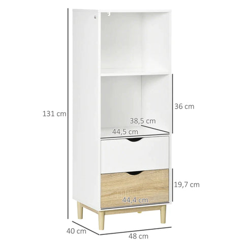 Rootz Bookcase - Storage Shelf - Bookcase - Standing Shelf With 2 Compartments - 2 Drawers - Wood Decor - White - 48 x 40 x 131 cm