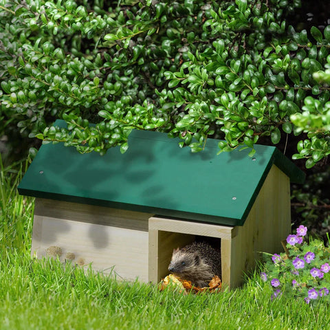 Rootz Small Animal House - Hedgehog House - Hedgehog Hotel - Hedgehog Hut - Winter Quarters And Shelter - With Floor - Fir Wood - Natural/Dark Green - 47 x 34.2 x 27 cm