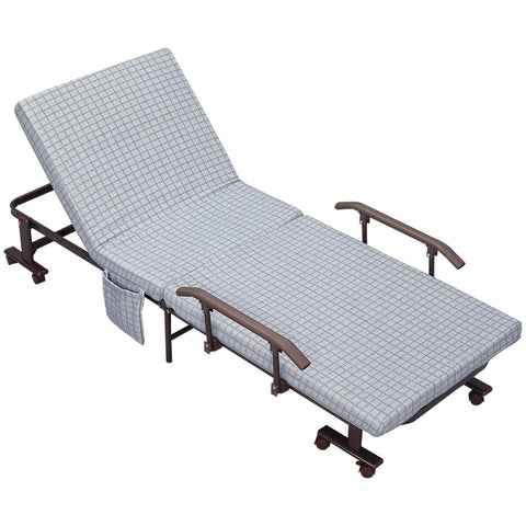 Rootz Folding Bed - Guest Bed - Reclining Backrest - Armrests - 8 Wheels - Steel Frame - Light Grey/Black - 190 x 76 x 33cm