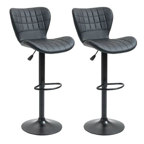 Rootz Set Of 2 Bar Stools - Retro Design - Home Bars - Kitchens - Faux Leather - Metal - Black - 47 cm x 56 cm x 89-109 cm