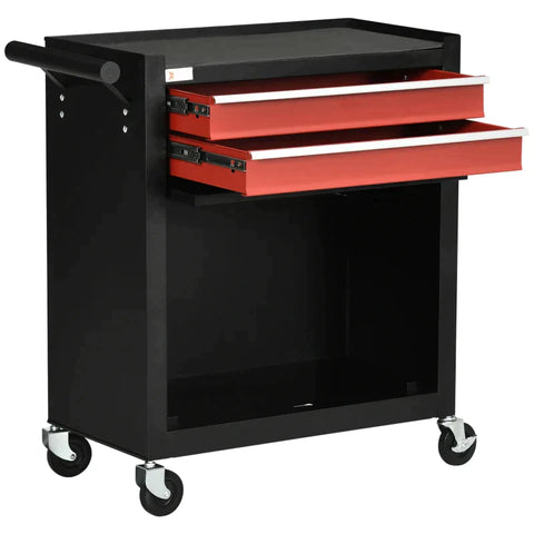 Rootz Workshop Trolley - Tool Trolley - Cabinet - 4 Wheel 2 Drawer 1 Cabinet - Steel - Red/Black - 62cm x 33cm x 74cm