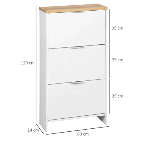 Rootz Shoe Cabinet - 3 Tilting Compartments - 12 Pairs Of Shoes - Adjustable Shelves - MDF - Natural + White - 60L x 24W x 120H cm