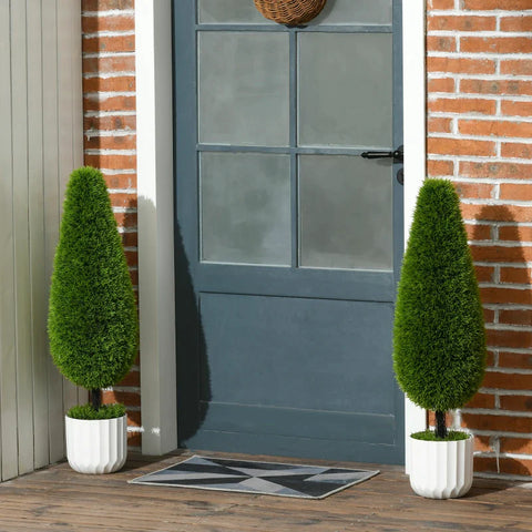 Rootz Set Of 2 Artificial Plants - Including Planter And Artificial Moss - Artificial Cypress - White + Green - 12cm x 12cm x 90cm