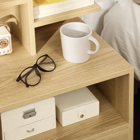 Rootz Bedside Table - 2 Shelves - Open Storage Compartment - Drawer - Chipboard - Wood Look - Natural - 45 x 35 x 73 cm
