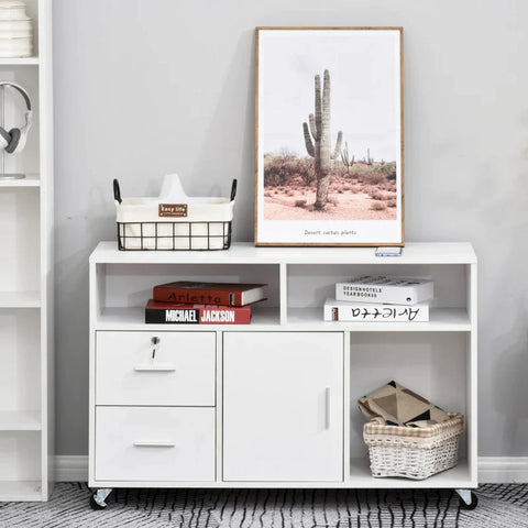 Rootz archiefkast - kantoorkast - kantoorcontainer met wielen - printerstandaard - opbergorganizer met afsluitbare lade - slaapkamer - woonkamer - wit - 100 x 35 x 65 cm