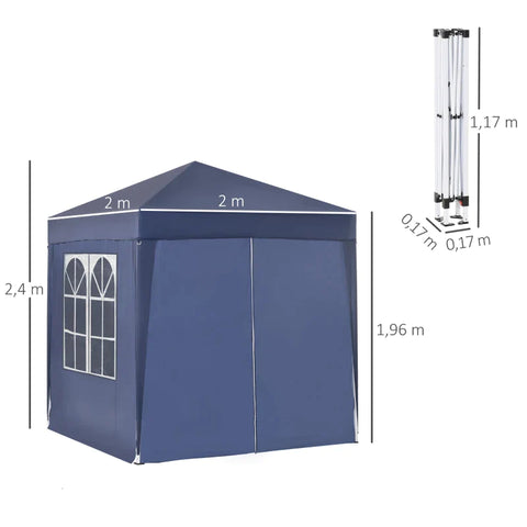 Rootz Folding Gazebo - Quick Assembly - 4 Side Walls - 2 Large Windows - Steel Frame - Blue - 2 x 2 x 2.4 m