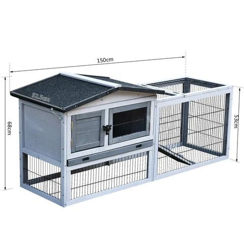Rootz Small Animal Hutch - Rabbit Hutch - Guinea Pig Hutch - Outdoor Enclosure Cage - Outdoor Animal Hutch - Fir Wood - Light Grey - 150 cm x 52.5 cm x 68 cm