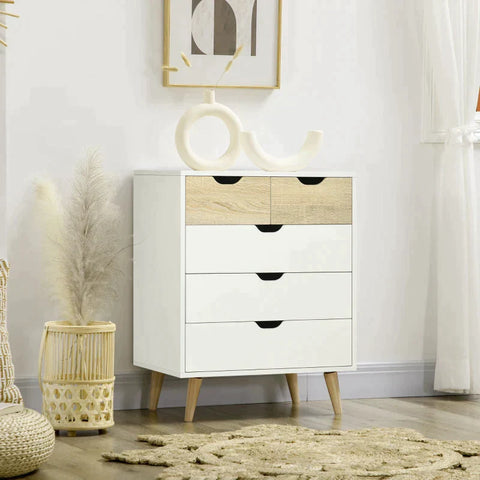 Rootz Chest Of Drawers - Cabinet - 5 Drawers - Anti-tilt - Modern Design - Pine Wood - White + Light Brown - 60 x 40 x 77.5 cm